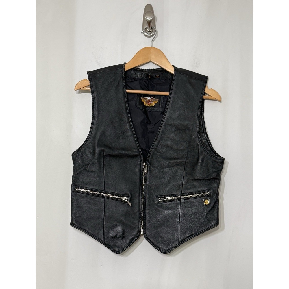Harley Davidson Leather Vest Zip Up Pockets Back Emblem Biker Women's Medium